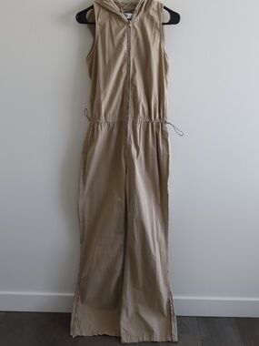Zara Beige Hooded Utility Jumpsuit Sleeveless Zip Front Wide Leg